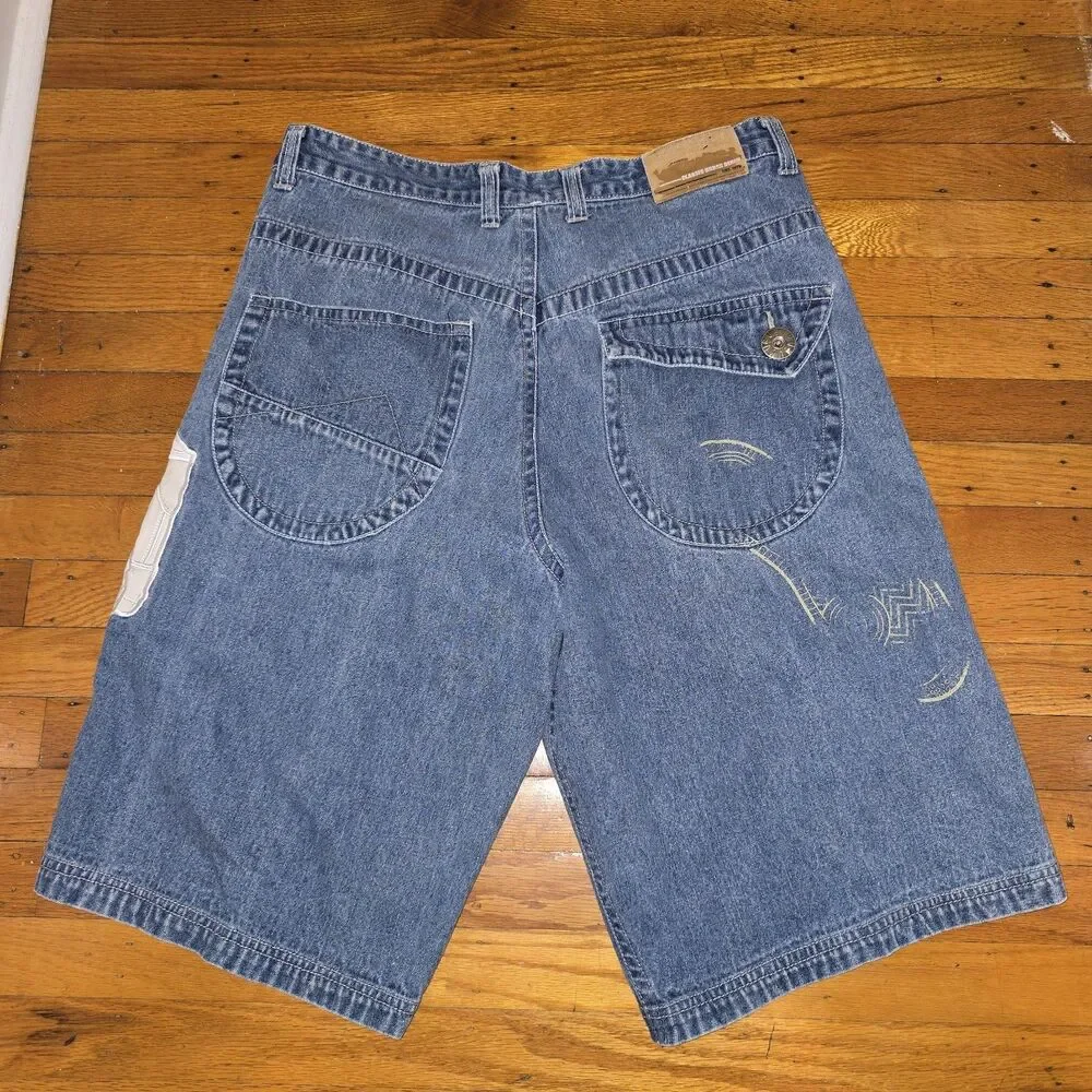 Raw Blue Jorts Shorts Y2K Vtg Sneaker Embroidered Shoe Prints Size 36